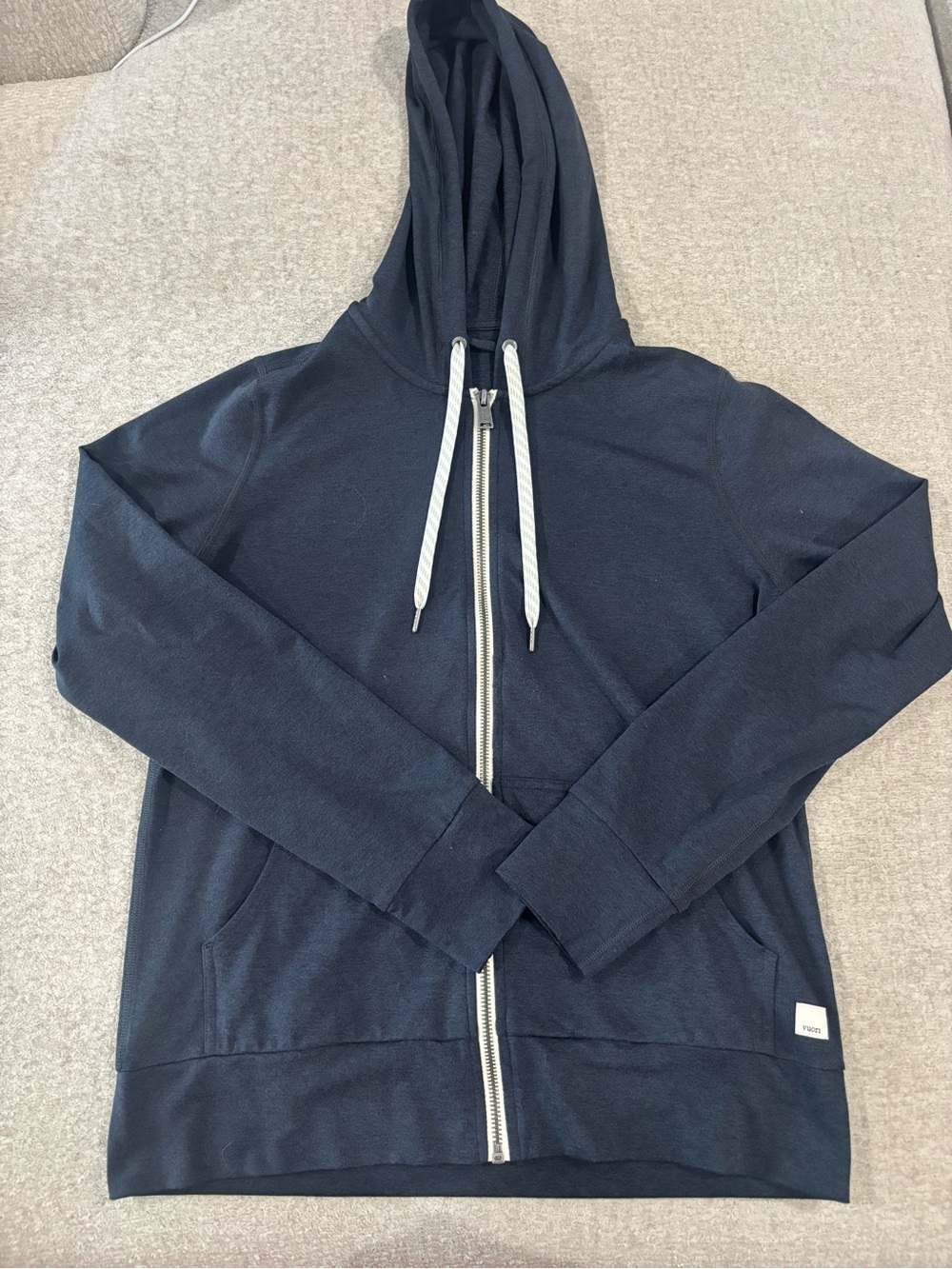 Vuori Navy Zip-Up Hoodie with Contrast Drawstrings